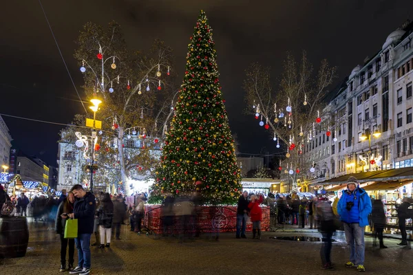 Budapest Hungary Dec 2019 Tourrists Enjoy Christmas Spirit Light Show — стоковое фото
