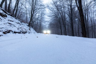 Kekes Macaristan 27 Aralık 2020: Toyota 4Runner adlı bir off-road aracı sisli kar kaplı ormanda.