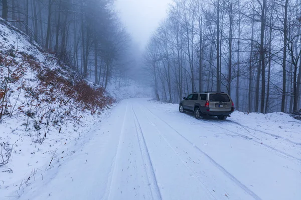 Kekes Hungary Dezembro 2020 Veículo Road Toyota 4Runner Floresta Nebulosa — Fotografia de Stock