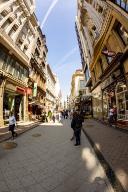 Budapest, Hungary - April 18 2019: Tourists and visitors on the famous Vaci Utca, the main shopping street in Budapest, Hungary.