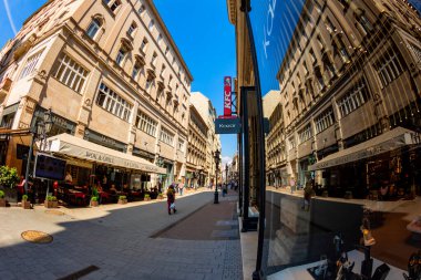Budapest, Hungary - April 18 2019: Tourists and visitors on the famous Vaci Utca, the main shopping street in Budapest, Hungary.