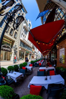 Budapest, Hungary - April 18 2019: Tourists and visitors on the famous Vaci Utca, the main shopping street in Budapest, Hungary.