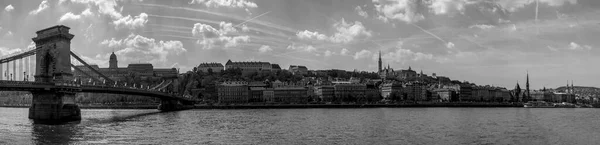 Panorama view of the Hungarian Royal castle on top of hill at the castle district with the Chaine Bridge at Budapest Hungary.