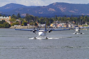 VICTORIA, BC, CanADA - 11 AUG 2016. İç limanda yüzen uçak trafiği. Bu ulaşım çok önemli ve Vitoria ile Vancouver arasında sıklıkla gerçekleşiyor.. 