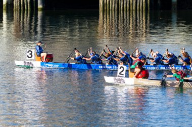 VICTORIA, CanADA - 20 AUG 17: Geleneksel Victoria Ejderha Tekne Festivali. Victoria 'nın en muhteşem yaz festivallerinden biri ve Kanada' da çalışan bir limanda gerçekleşen tek ejderha botu festivali..