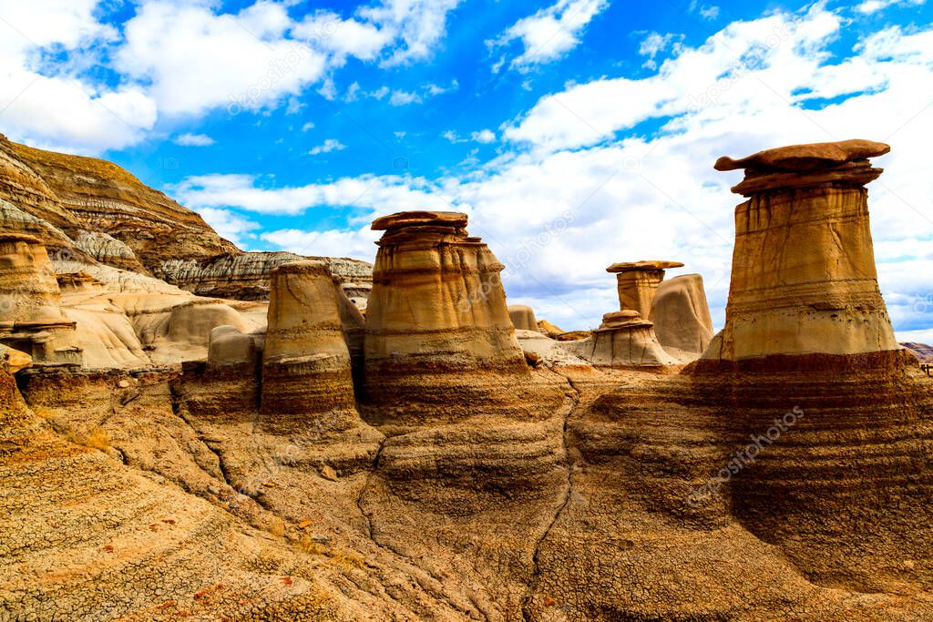 Drumheller badlands at the Dinosaur Provincial Park in Alberta, where rich deposits of fossils and dinosaur bones have been found. The park is now an UNESCO World Heritage Site.