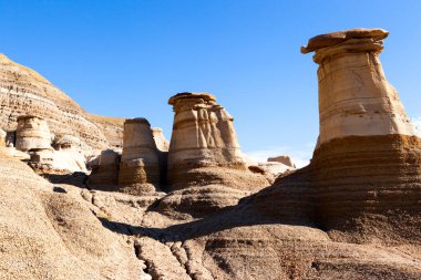 Fosil ve dinozor kemiklerinin zengin birikintilerinin bulunduğu Alberta 'daki Dinozor İl Parkı' nda Drumheller çorak arazileri. Park artık UNESCO 'nun Dünya Mirası Bölgesi oldu..