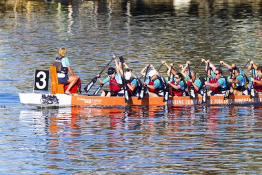 VICTORIA, CanADA - 20 AUG 17: Geleneksel Victoria Ejderha Tekne Festivali. Victoria 'nın en muhteşem yaz festivallerinden biri ve Kanada' da çalışan bir limanda gerçekleşen tek ejderha botu festivali..