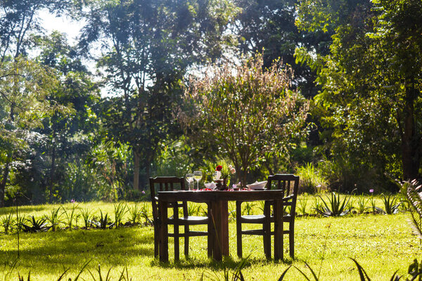 empty chairs and chair on the terrace of the garden