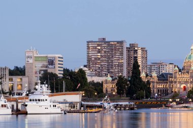 VICTORIA, BC, CanADA - 16 Ağustos 2016. Viktorya dönemi sokak lambaları Inner Limanı 'ndaki suya yansıyor