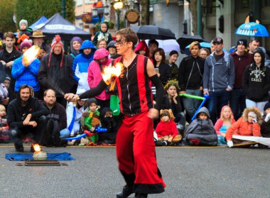 VICTORIA CANADA - OCTOBER 31, 2016: Crowded downtown with happy joyful people wearing Halloween, creative costumes,makeups on Wicked Victoria Day. The city has a torrid history that come to life at Halloween.