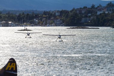 VICTORIA, BC, CanADA - 11 AUG 2016. İç limanda yüzen uçak trafiği. Bu ulaşım çok önemli ve Vitoria ile Vancouver arasında sıklıkla gerçekleşiyor.. 