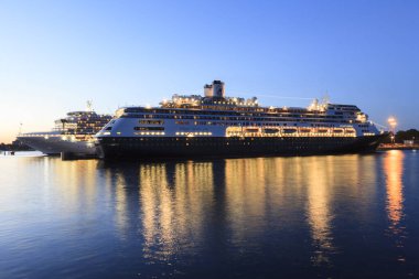 VICTORIA, BC, CANADA - JUN 26, 2016: Cruise ships at night in Victoria. Ogden Point 