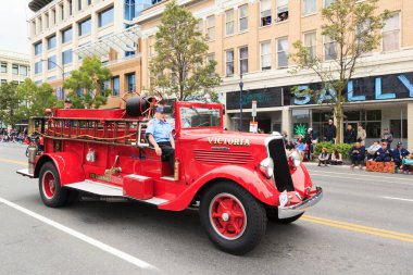 Victoria Canada May 22, 17: Fire Department at the Victoria Day Parade on Douglas Street.This is Victoria largest parade, attracting well over 100,000 people from Canada and USA.