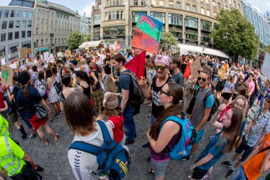 Prague Czech republic Jun 16 2018: Unidentified young people are making point with peaceful march for protect animals right and eat more green instead.