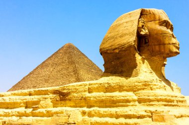 Pyramid and Sphinx at Giza, Egypt. The world's oldest tourist attraction, the Pyramids of Giza are 5000 years old.