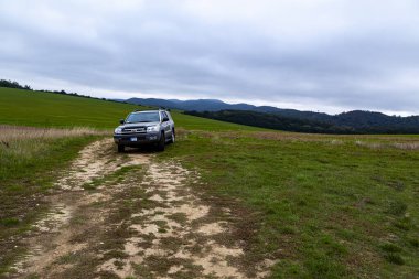 Araba dağlarda yolda gidiyor.