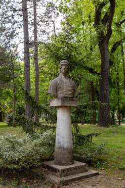 Güneşli bir günde parkta eski bir insan heykeli 