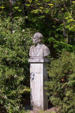 Güneşli bir günde parkta eski bir insan heykeli 
