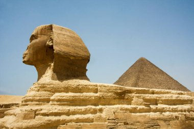 The Sphinx - mythical creature with the head of a human and the body of a lion and pyramid