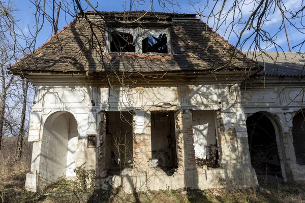 匈牙利 冬季背景下匈牙利农村狩猎小屋的废墟 — 图库照片