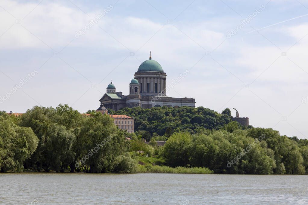 View of the Esztergom Basilica at the Castle Hill from the opposite bank of Danube, Hungary. The Latin motto on the temple frieze reads: Seek those things which are above. It's a World Herotage Site.