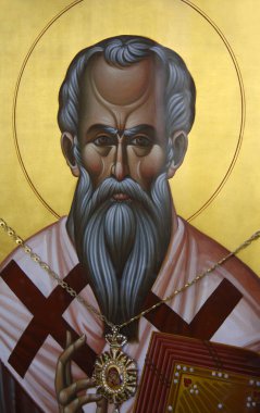 Tapınaktaki antik Aziz Niklas fotoğrafının yakın plan çekimi.