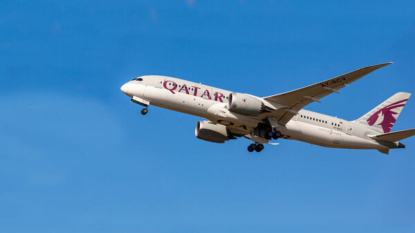 Budapest, Hungary -  Sept. 12 2019: QATAR Boeing Dream Liner A7BCV  in Budapest "Liszt F." International airport. 