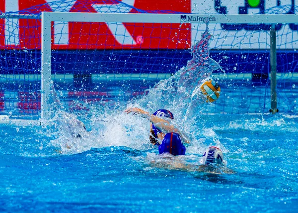 Competição Jogo Pólo Aquático Piscina — Fotografia de Stock