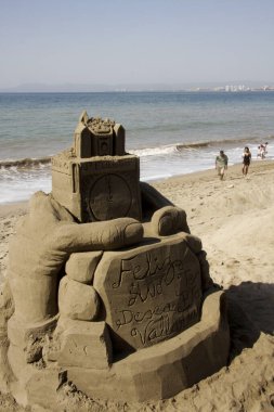 Puerto Vallarta Meksika 1 Ocak 2008: Sahilde Kum Heykeltraşlığı sergisi. Vallarta, Okyanus kıyısında bir Meksika plaj kentidir. Şehirde görülecek ve eğlenilecek çok şey var..