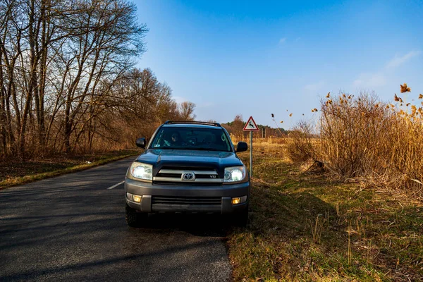 View Car Driving Road Forest Sunny Day — Foto de Stock