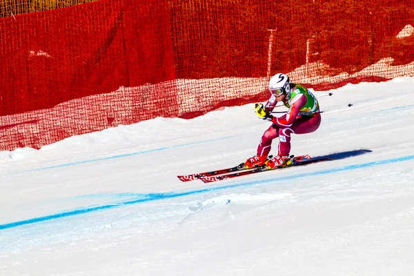 LAKE LOUISE, ALBERTA CANADA - PT.29.2015. (em inglês) : 64 entrada oficial acelera o percurso durante a corrida masculina Audi FIS Alpine Ski World Cup. A velocidade média é de 132 km / h durante a corrida . — Fotografia de Stock