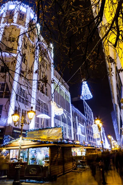 A turisták élvezhetik a karácsony szellemét, és a fény show-down town-Budapest. — Stock Fotó
