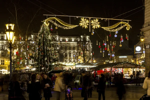 Toeristen genieten van de geest van Kerstmis en het licht show in down town Budapest. — Stockfoto