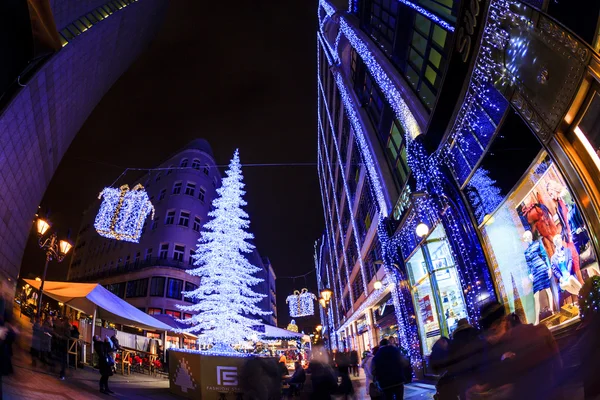 Turisté si vánoční duch a světelnou show v dole města Budapešť. — Stock fotografie