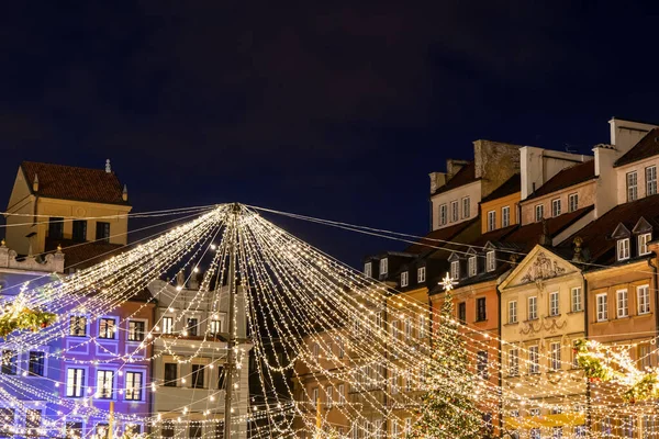 Luces Navidad Por Noche Casco Antiguo Varsovia Ciudad Polonia — Foto de Stock