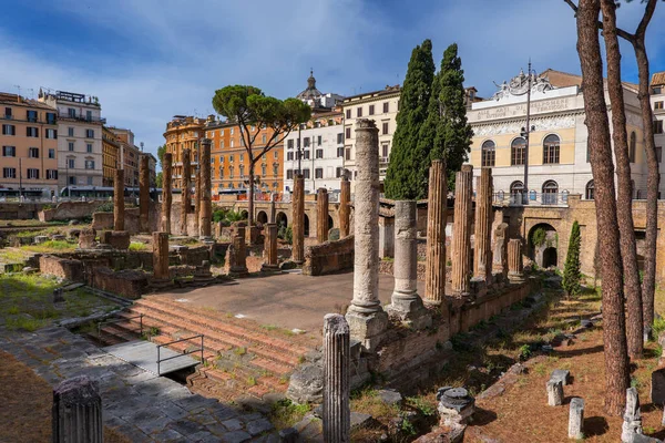 ローマのラーゴ トーレ アルゼンチン広場 イタリア 古代寺院遺跡 4世紀紀元前1世紀 とアルゼンチン劇場 1731年 オペラハウスと劇場を背景に — ストック写真