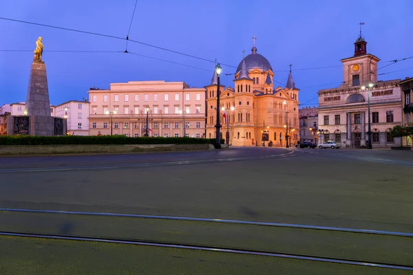 Evening City Skyline Lodz Poland Freedom Square Kosciuszko Monument Church — Stock Photo, Image