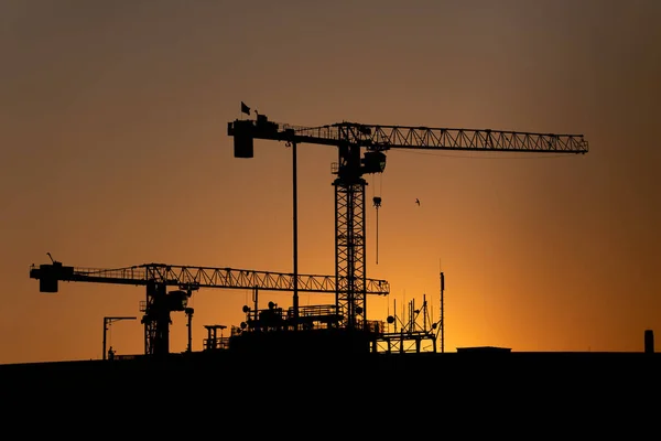 Kranen Silhouet Tegen Zonsondergang Hemel Bouwplaats Van Een Kantoorgebouw — Stockfoto