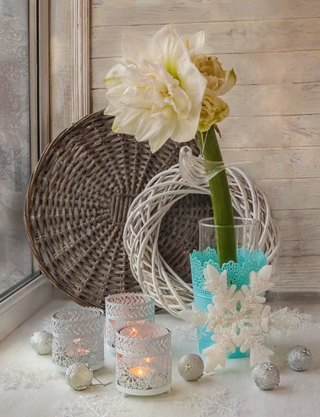 Bloem op vensterbank met winter decoraties — Stockfoto