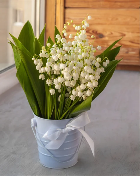 Lilies of the valley in decorative bucket — Stock Photo, Image