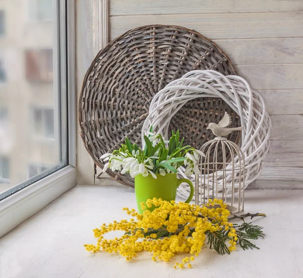 Campanillas y mimosa en el alféizar de la ventana —  Fotos de Stock