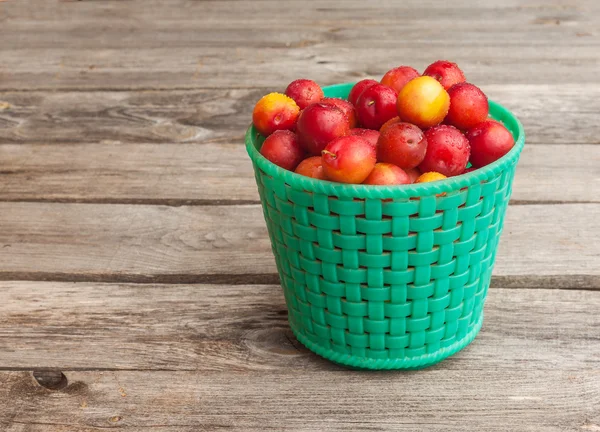 Green basket with red plums — Stock Photo, Image