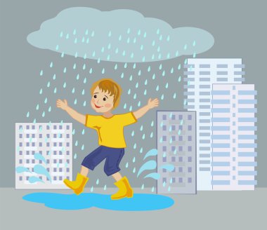 Su birikintileri çalışan mutlu çocuk 