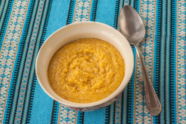 Plate Corn Porridge Cupronickel Spoon Flat Lay — Stock Photo, Image