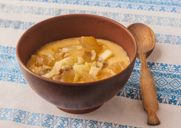 Banosh Ukrainian Hutsul Meal Maize Porridge Bacon Cracklings Cheese — Stock Photo, Image