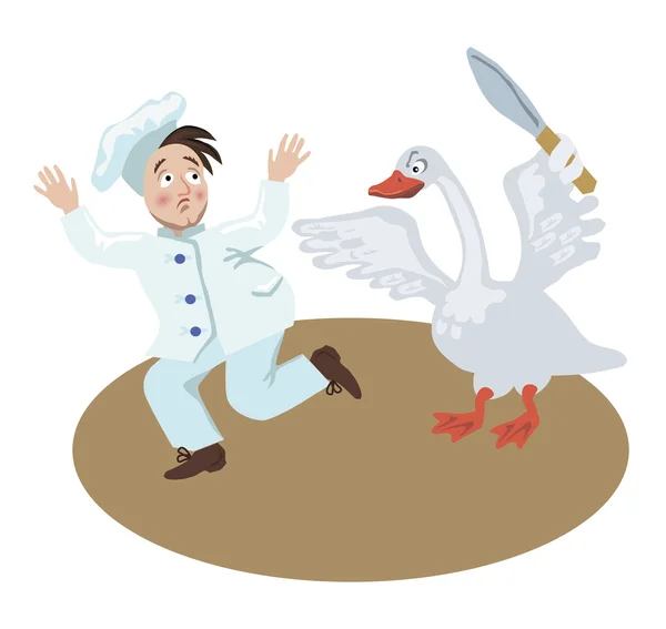 Christmas goose chases chef — Stock Vector