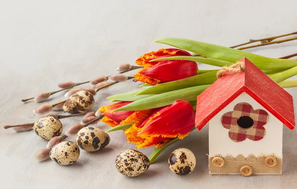 Ovos de Páscoa com casa de pássaros e flores de primavera — Fotografia de Stock