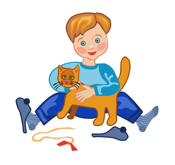 Boy playing with cat — Stock Vector