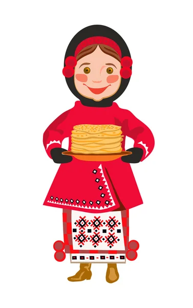 Girl in national clothes with pancakes — Stock Vector